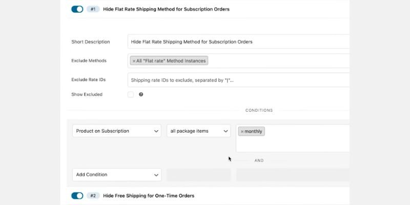 Conditional Shipping and Payments rule that hides all Flat rate shipping methods when every item in the package is a monthly subscription