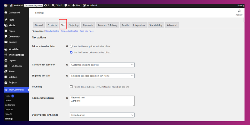 Configure Tax Settings in woocommerce