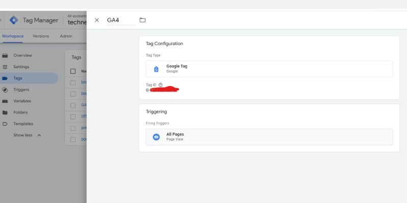 Google Tag Manager GA4 tag using the Google tag type and the All Pages trigger