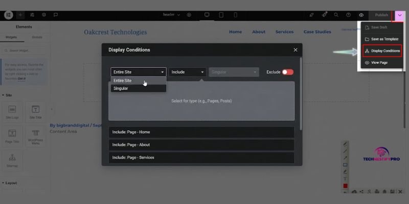 Method 2: Display Conditions method to hide header in elementor wordpress
