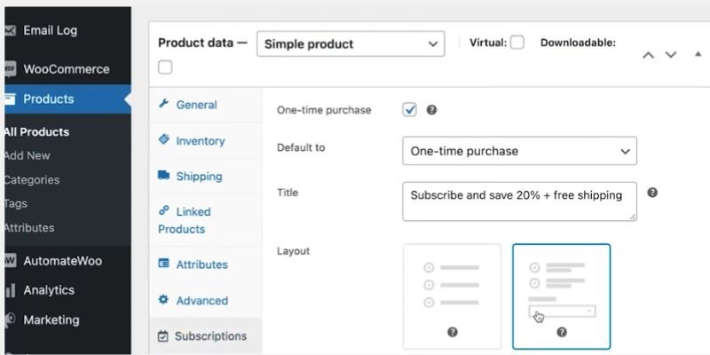 Product data panel in WooCommerce showing the Subscriptions tab with a one-time purchase option, default setting and a “Subscribe and save 20% + free shipping” title