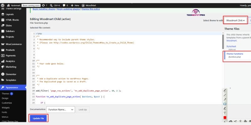 functions.php open in the child theme's Theme File Editor