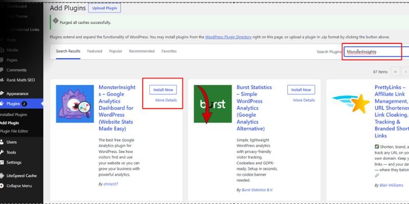 Searching for “MonsterInsights” on the WordPress Add Plugins page, with the search box and Install Now button highlighted