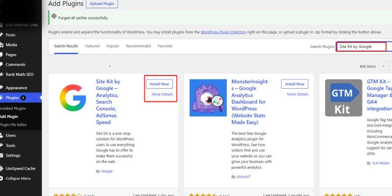 Searching for “Site Kit by Google” on the WordPress Add Plugins page, with the search box and Install Now button highlighted