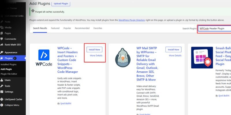 Searching for “WPCode Header Plugin” on the WordPress Add Plugins page, with the search box and Install Now button highlighted