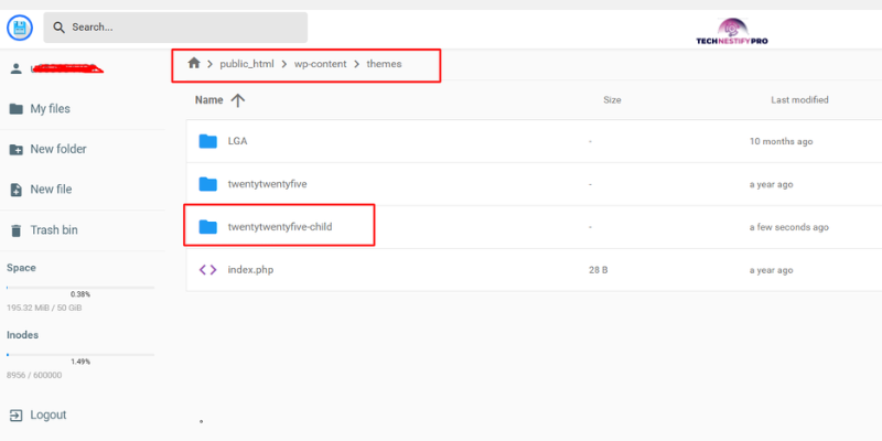 Step 1 to Create your child theme folder- WordPress wp-contentthemes folder showing the twentytwentyfive-child folder created next to the twentytwentyfive parent theme 