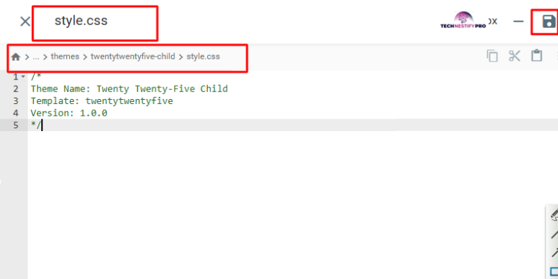 Step 2 create style.css file inside the twentytwentyfive-child folder showing the Theme Name and Template header code