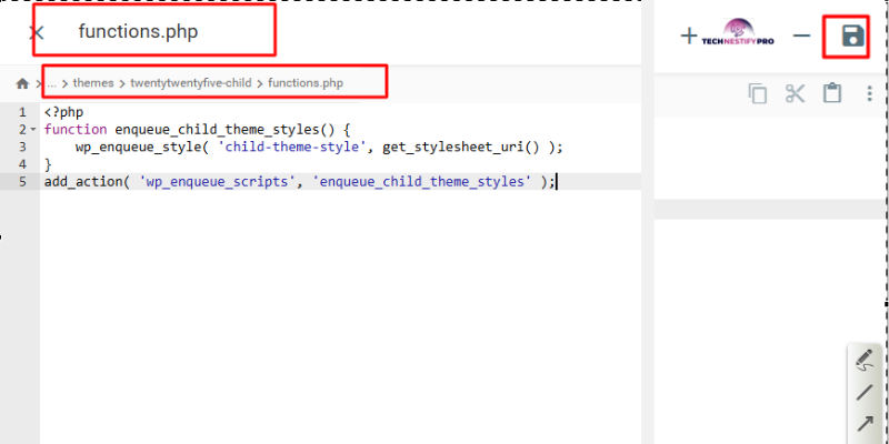 Step 3 create functions.php file inside the twentytwentyfive-child folder showing the code to enqueue the child theme stylesheet