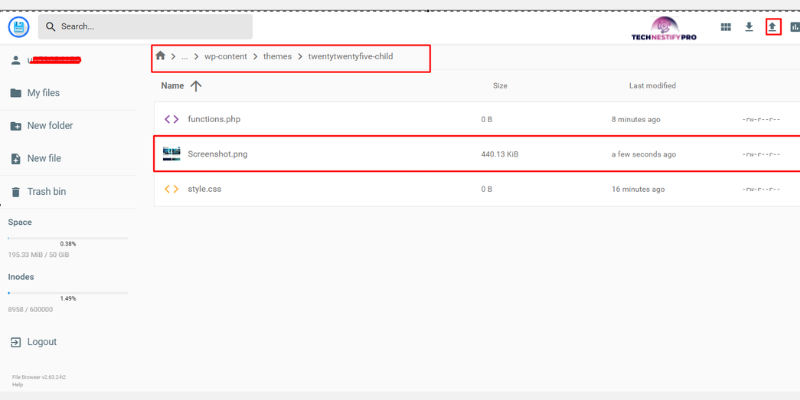 Step 4 WordPress child theme folder showing functions.php, screenshot.png, and style.css files together inside twentytwentyfive-child