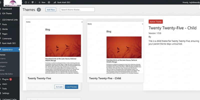 Step 5 WordPress Appearance Themes screen showing Twenty Twenty-Five Child activated as the active theme, with Twenty Twenty-Five as the parent theme
