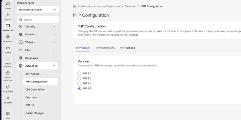 Update PHP in WordPress on Hostinger hPanel PHP Configuration page with PHP 8.5 selected 