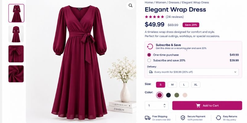 WooCommerce product page with a Subscribe & Save option at $39.99 and a free shipping badge for orders over $50