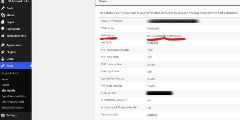 WordPress Site Health Info tab, Server section, showing PHP version 8.5.12 after updating PHP in WordPress
