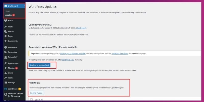 WordPress Updates Page