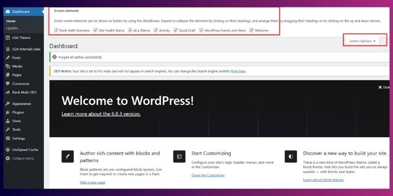 WordPress dashboard / Screen option