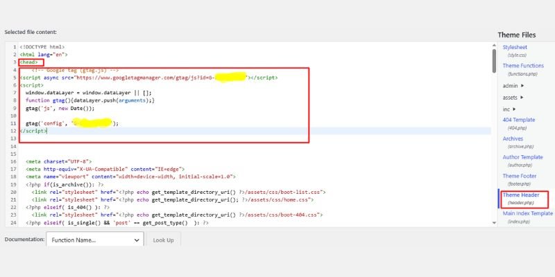 WordPress header.php file with the Google tag pasted right after the opening head tag, outlined in red