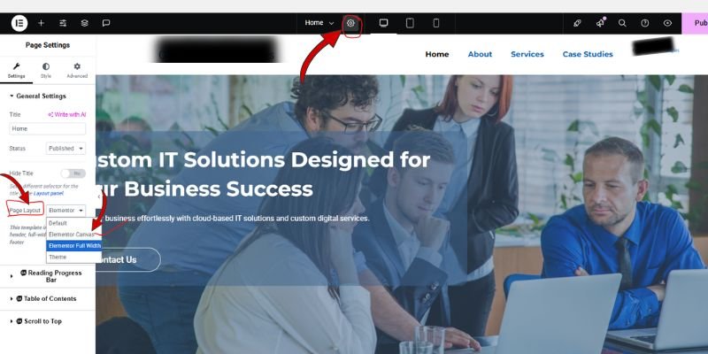 elementor page layout setting to hide header