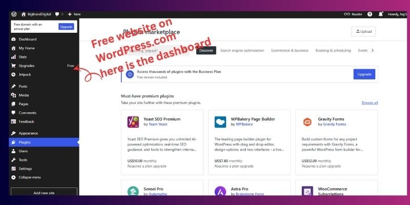 free website on wordpress.com and here is the dashboard look
