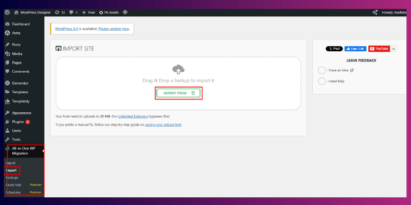 how to import a WordPress website using a plugin