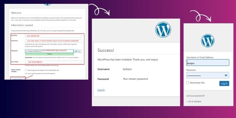 how to set user name and password for WordPress dashboard on localhost xammp?