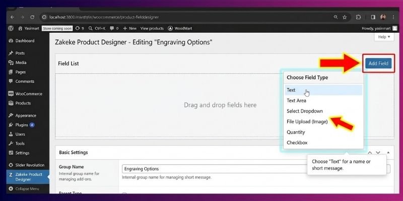 how to setup product personalizer woocommerce-Step 4 Add Your First Field (3-5 minutes) practical