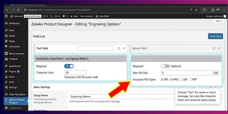 how to setup product personalizion woocommerce-Step 5 Set the Rules for the Field (2 minutes) practical