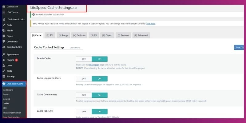 litespeed cache plugin settings- website performance