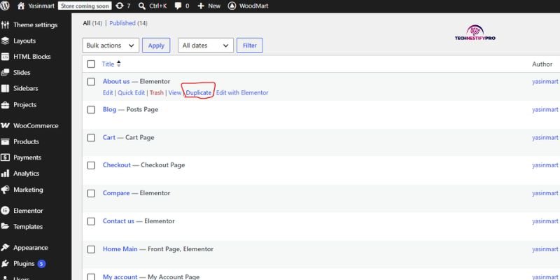 the Duplicate link in the Pages list