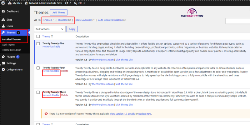 Screenshot: the Network Enable link on the Themes screen.